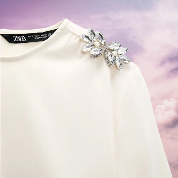 NWT - ZARA Oyster White Blouse with Shoulder Jewel Detail Size: XS MSRP $120 - Picture 2 of 3